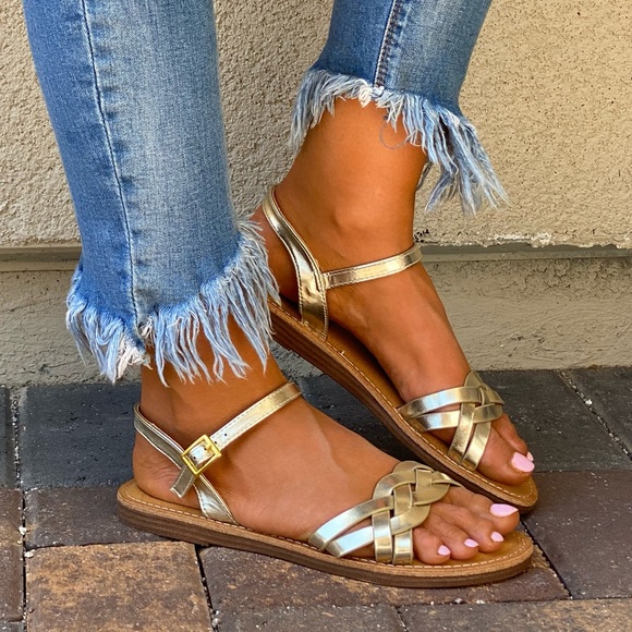 Gold Braided Woven Slingback Boho Flat Sandals - Picture 1 of 10